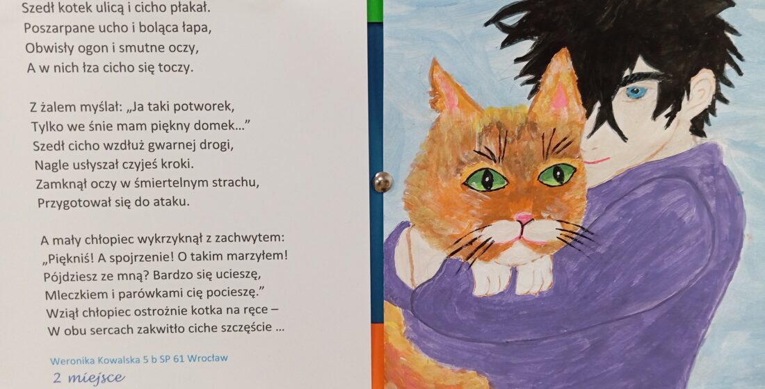 Tekst wiersza z ilustracją osoby trzymającej kota